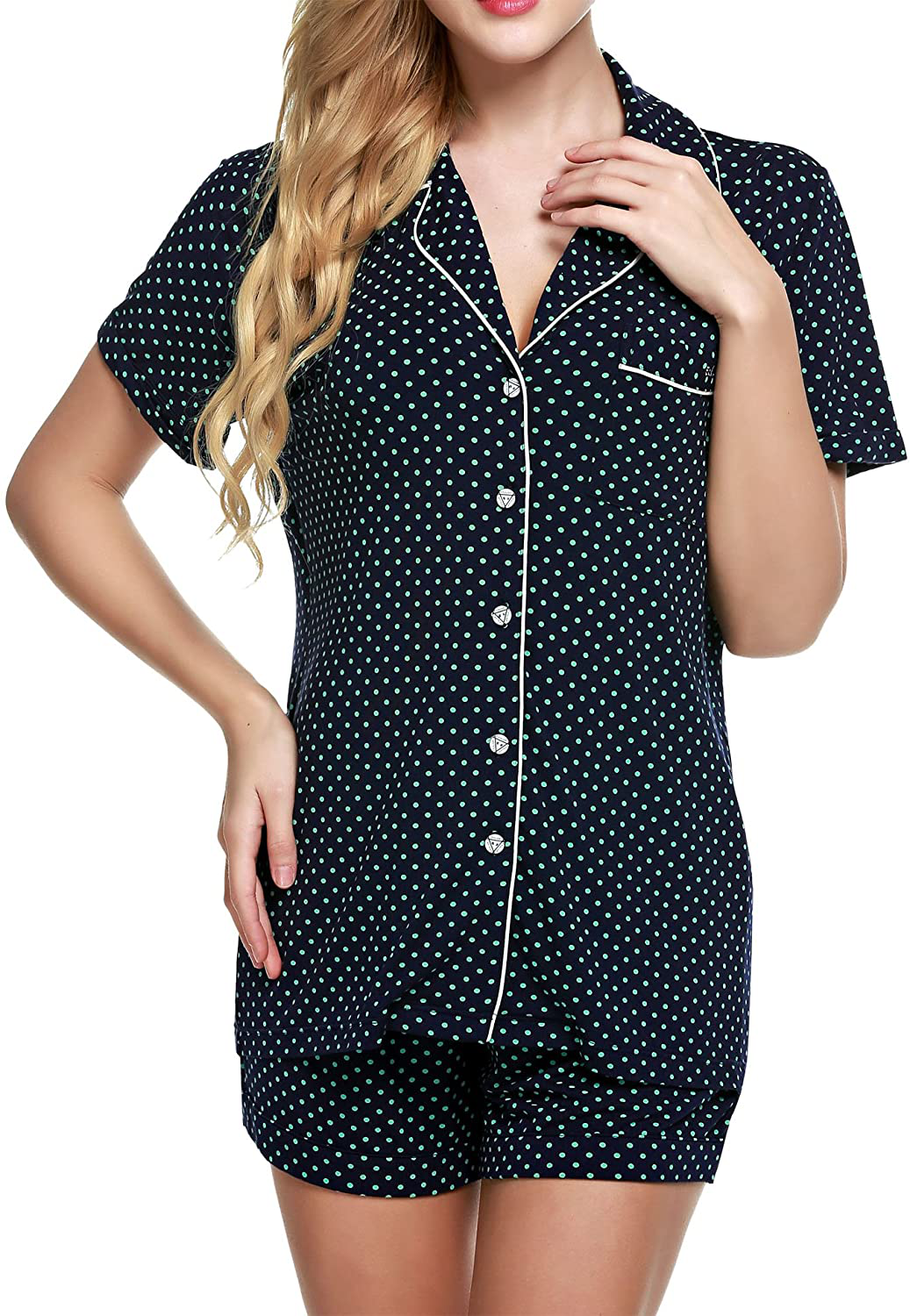 Ekouaer Pajamas Set Short Sleeve Sleepwear Womens Button Down Nightwear Soft Pj Lounge Sets XS-XXL Apparel & Accessories > Clothing > Sleepwear & Loungewear > Pajamas Ekouaer Dark Blue With Green Dots X-Large