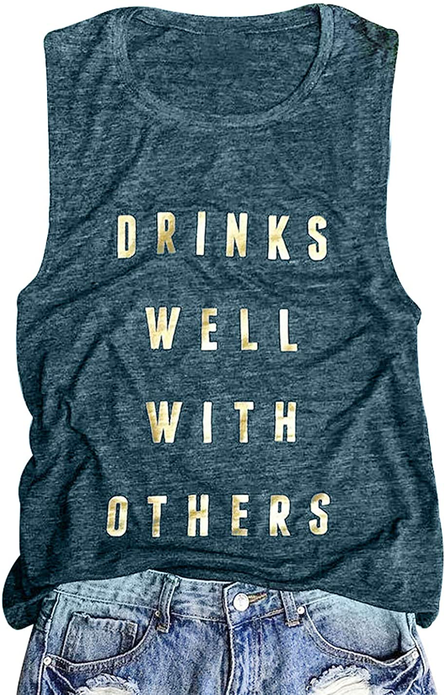 Drinks Well with Others Muscle Tank Tops Womens Funny Drinking Alcohol Sleeveless Letter Printed Graphic Tee Shirt Tops Apparel & Accessories > Clothing > Activewear Kylie Max