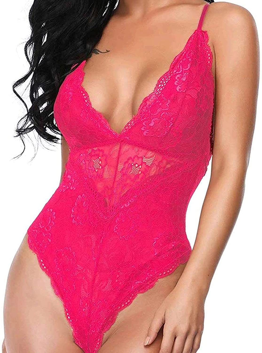 Aranmei Women Deep V Sexy Lace Bodysuit Snap Crotch Lingerie Teddy Underwear Apparel & Accessories > Clothing > Underwear & Socks > Lingerie Aranmei Rose Red X-Large