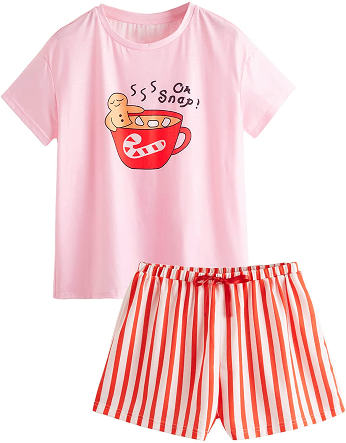 DIDK Women's Cute Cartoon Print Tee and Shorts Pajama Set Apparel & Accessories > Clothing > Sleepwear & Loungewear > Pajamas DIDK Striped Pink Medium