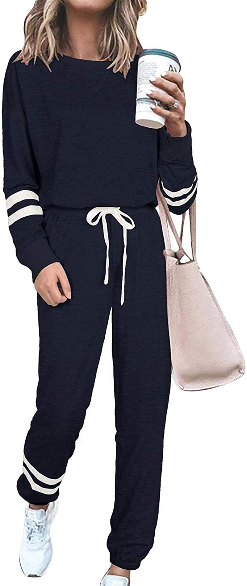 PRETTYGARDEN Women’s Tie Dye Two Piece Pajamas Set Long Sleeve Sweatshirt with Long Pants Sleepwear Apparel & Accessories > Clothing > Sleepwear & Loungewear > Pajamas PRETTYGARDEN Striped Navy Medium
