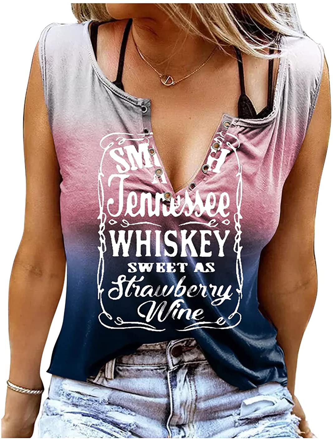 Smooth as Tennessee Whiskey Sweet as Strawberry Wine Shirt Ring Hole Sleeveless V-Neck Tank Top Womens Country Music Tee Apparel & Accessories > Clothing > Activewear Kylie Max