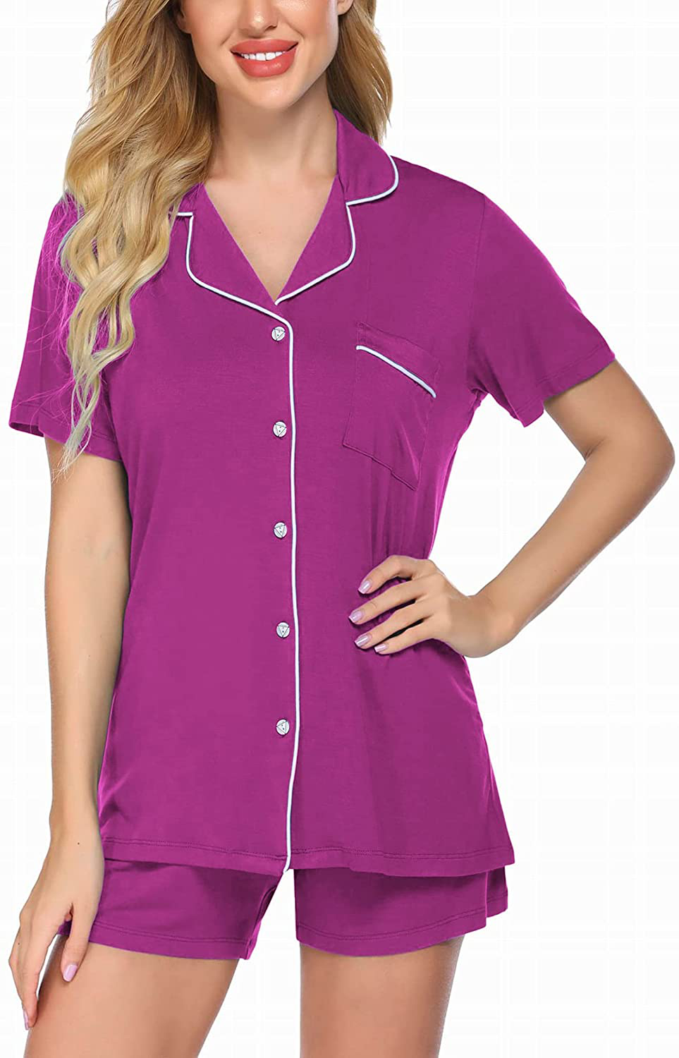 Ekouaer Pajamas Set Short Sleeve Sleepwear Womens Button Down Nightwear Soft Pj Lounge Sets XS-XXL Apparel & Accessories > Clothing > Sleepwear & Loungewear > Pajamas Ekouaer Purple XX-Large