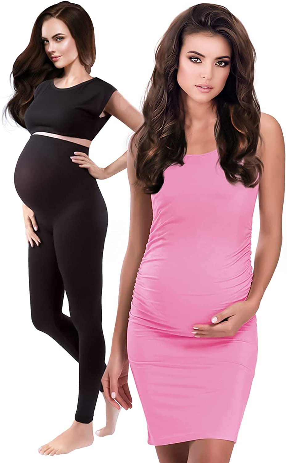 Maternity Leggings Active Wear over the Bump Pants Pregnancy Shaping over the Belly Postpartum Breastfeeding Apparel & Accessories > Clothing > Underwear & Socks > Shapewear Terramed Just Think Comfort Leggings + Dress (Baby Pink) Small