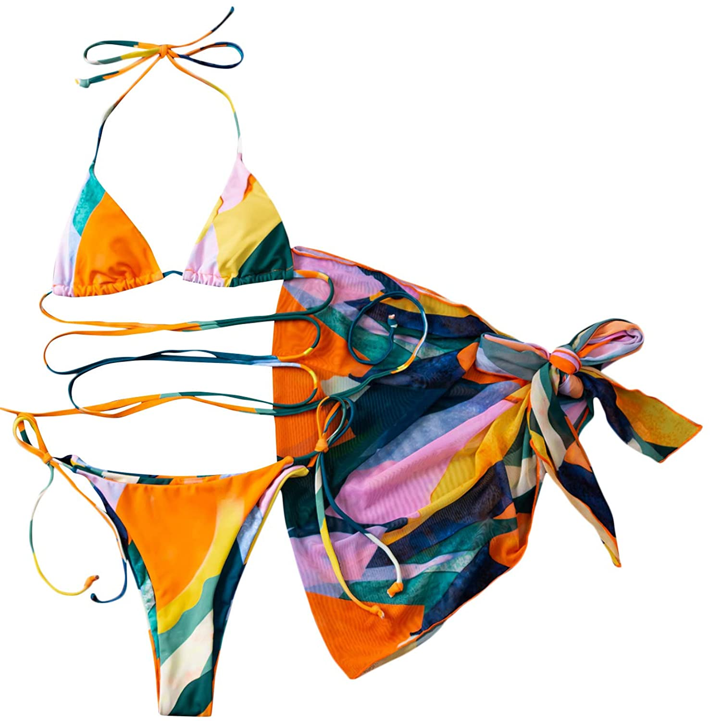 SOLY HUX Women'S Tie Dye Wrap Bikini Bathing Suits with Mesh Beach Skirt 3 Piece Swimsuits Apparel & Accessories > Clothing > Underwear & Socks > Lingerie KYLIE MAX Multi Yellow Large