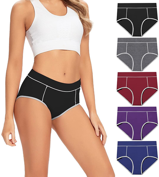 POKARLA Women'S Cotton Stretch Underwear Ladies Mid-High Waisted Briefs Panties 5-Pack Apparel & Accessories > Clothing > Underwear & Socks > Underwear POKARLA Multicolored-04-5pack Large