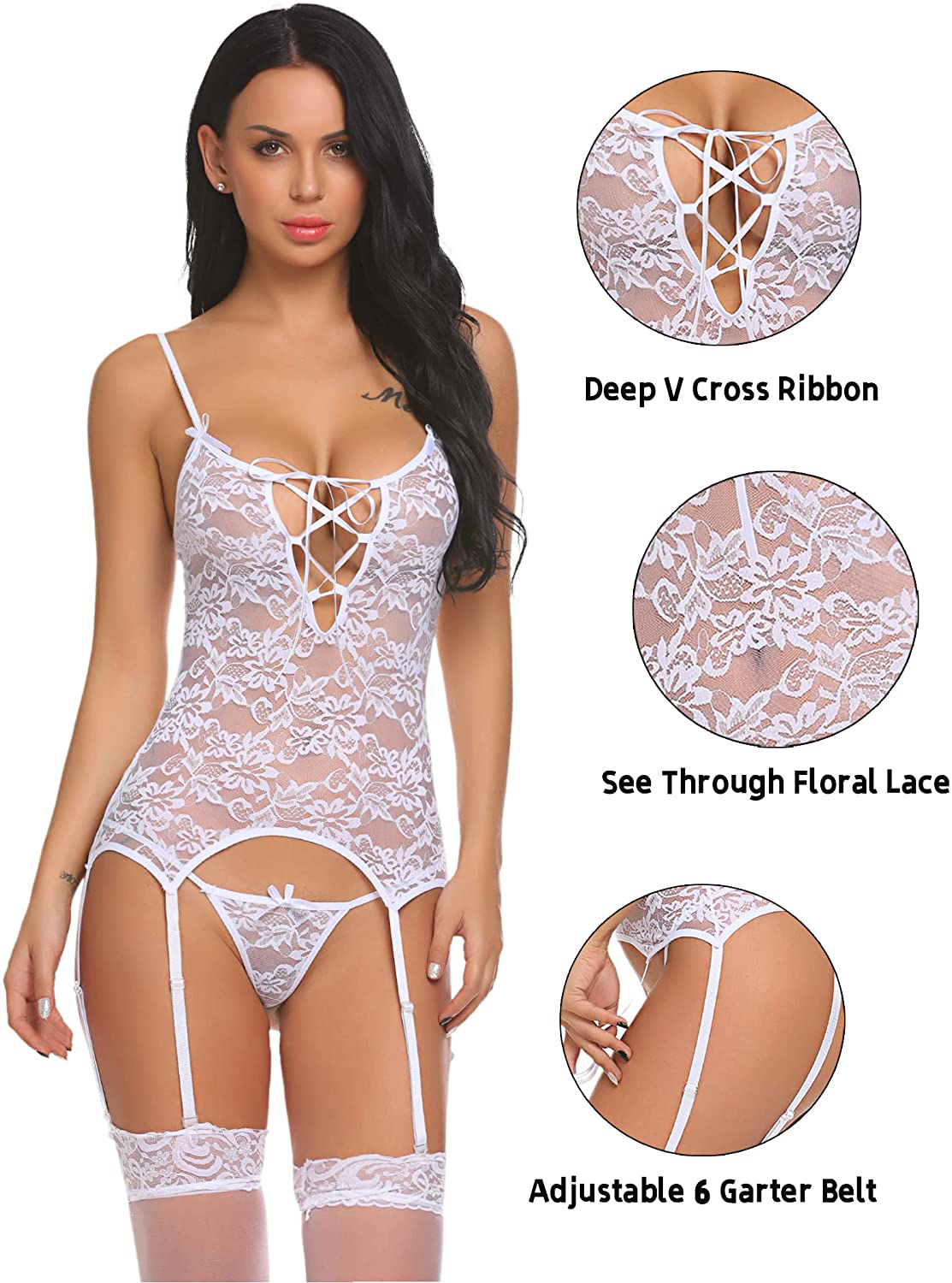 Avidlove Women Lace Bodysuit Lingerie Set Babydoll Chemise with Garter Belts Apparel & Accessories > Clothing > Underwear & Socks > Lingerie Avidlove