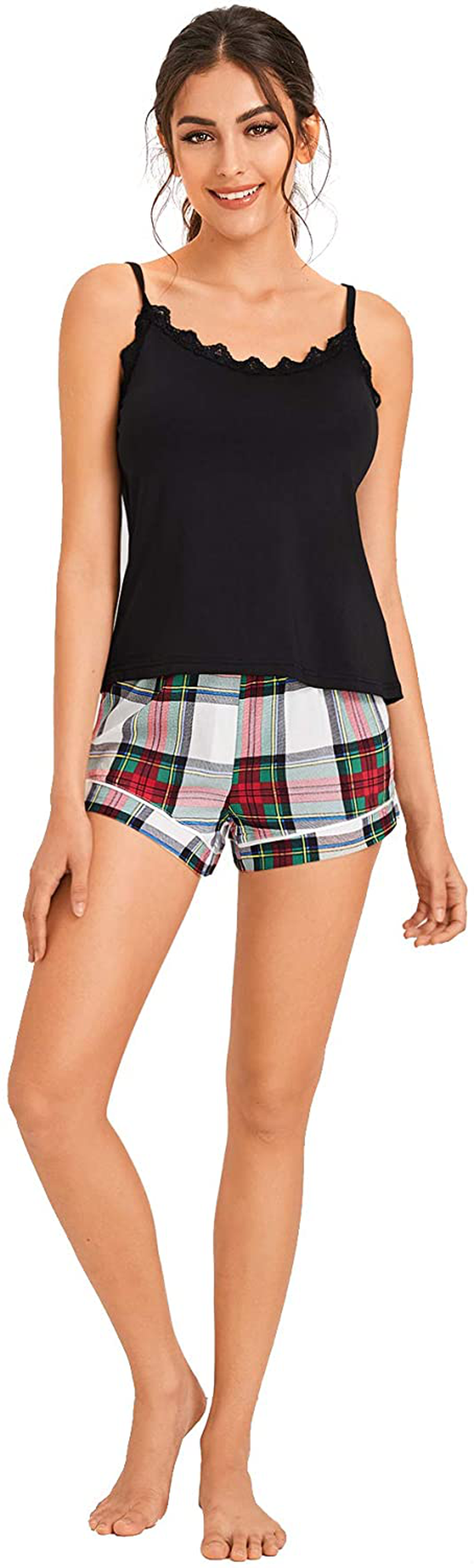 Sweatyrocks Women'S Sleepwear Set Plaid Print Cami Top and Elastic Waist Short Pajama Set Apparel & Accessories > Clothing > Sleepwear & Loungewear Kylie Max