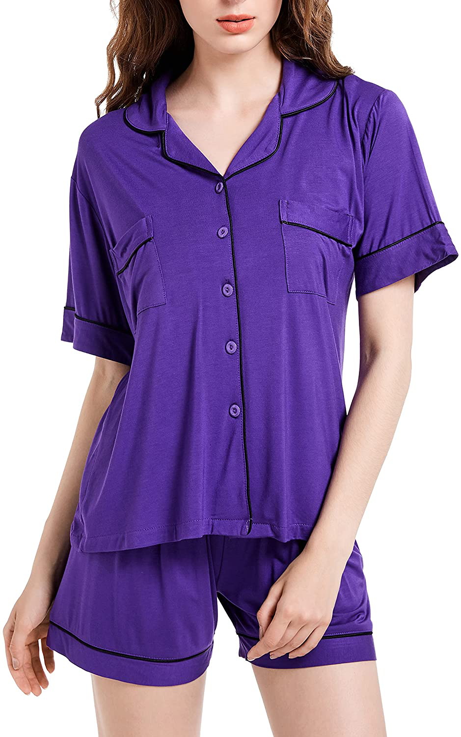Women's Pajamas Set, Short Sleeve Sleepwear Button-Down Nightwear Soft Pj Lounge Sets Pajamas for Women Apparel & Accessories > Clothing > Sleepwear & Loungewear > Pajamas CULAYII C-dark Purple Small