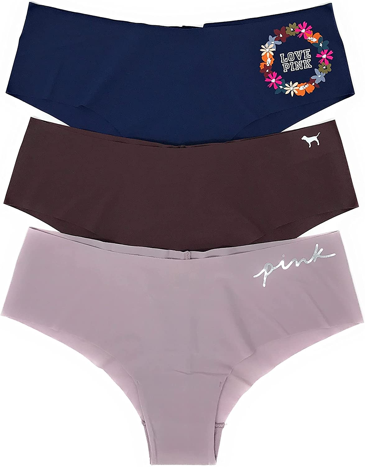 Victoria'S Secret Pink Cheekster Panty Set of 3 Victoria's Secret No Show Navy Floral / Burnt Umber / Mauve Logo Medium