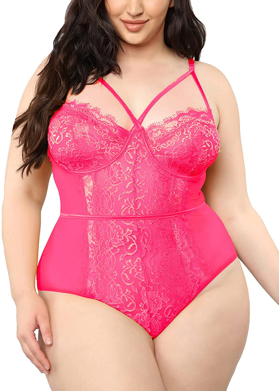 Kaei&Shi Plus Size Lingerie for Women,Sheer Lace Sexy V Neck Bodysuit,Eyelash One Piece Floral Teddy Valentine Apparel & Accessories > Clothing > Underwear & Socks > Lingerie Kaei&Shi Hot Pink X-Large