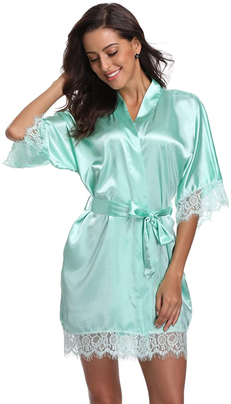 Original Kimono Women'S Lace-Trimmed Satin Short Kimono Robe Bathrobe Loungewear Apparel & Accessories > Clothing > Sleepwear & Loungewear > Robes Original Kimono Mint Green X-Large