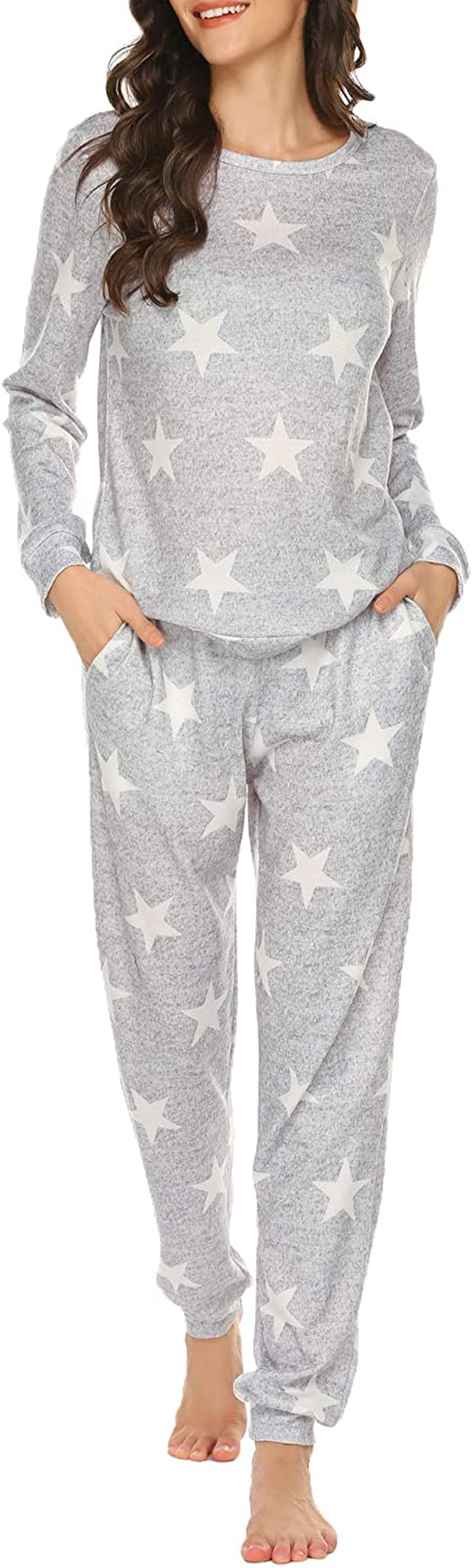 Ekouaer Womens Pajama Set Long Sleeve Sleepwear Star Print Nightwear Soft Pjs Lounge Sets with Pockets Apparel & Accessories > Clothing > Sleepwear & Loungewear > Pajamas Ekouaer A-light Grey White Star XX-Large