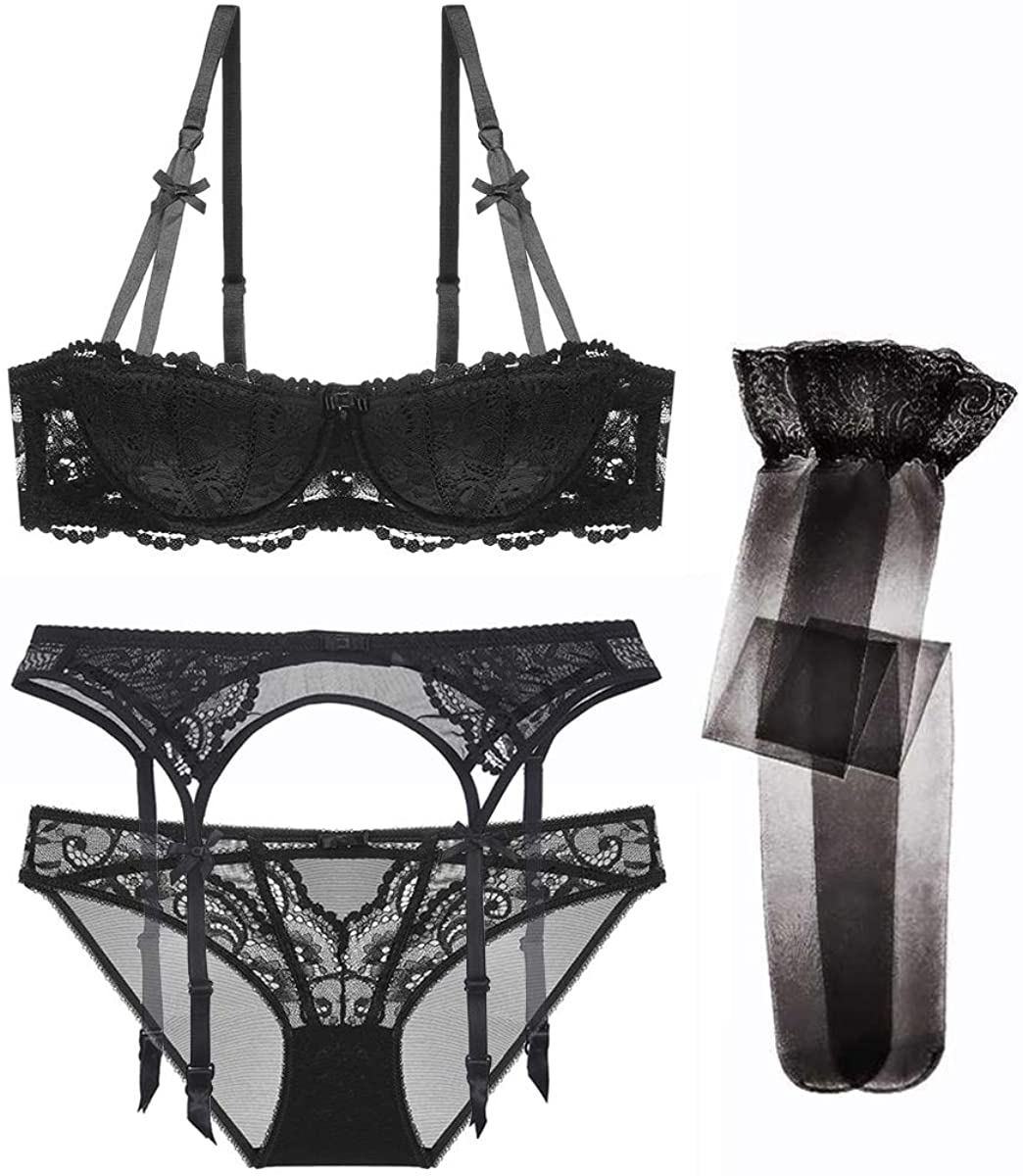Women Push up Bras Set Lace Lingerie Bra and Panties and Garter and Stocking 4Pcs Apparel & Accessories > Clothing > Underwear & Socks > Lingerie Ningsige