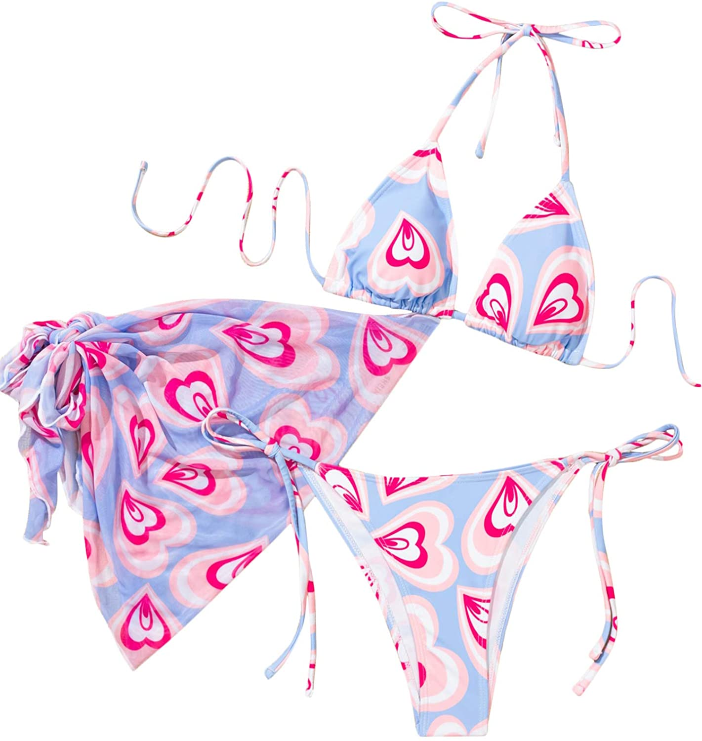 SOLY HUX Women'S Tie Dye Wrap Bikini Bathing Suits with Mesh Beach Skirt 3 Piece Swimsuits Apparel & Accessories > Clothing > Underwear & Socks > Lingerie KYLIE MAX Blue Heart Small
