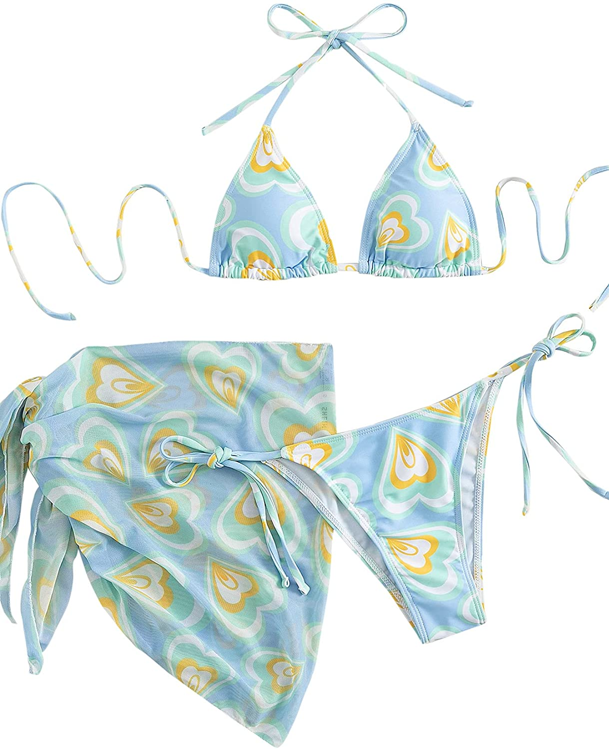 SOLY HUX Women'S Tie Dye Wrap Bikini Bathing Suits with Mesh Beach Skirt 3 Piece Swimsuits Apparel & Accessories > Clothing > Underwear & Socks > Lingerie KYLIE MAX Heart Blue Large