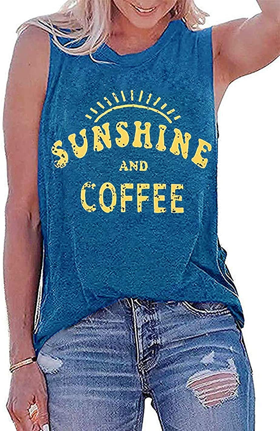 Umsuhu Sunshine and Coffee Tank Casual Summer Graphic Tank Tops for Women Sleeveless Graphic Tank Tops Tee Shirts Apparel & Accessories > Clothing > Activewear Kylie Max