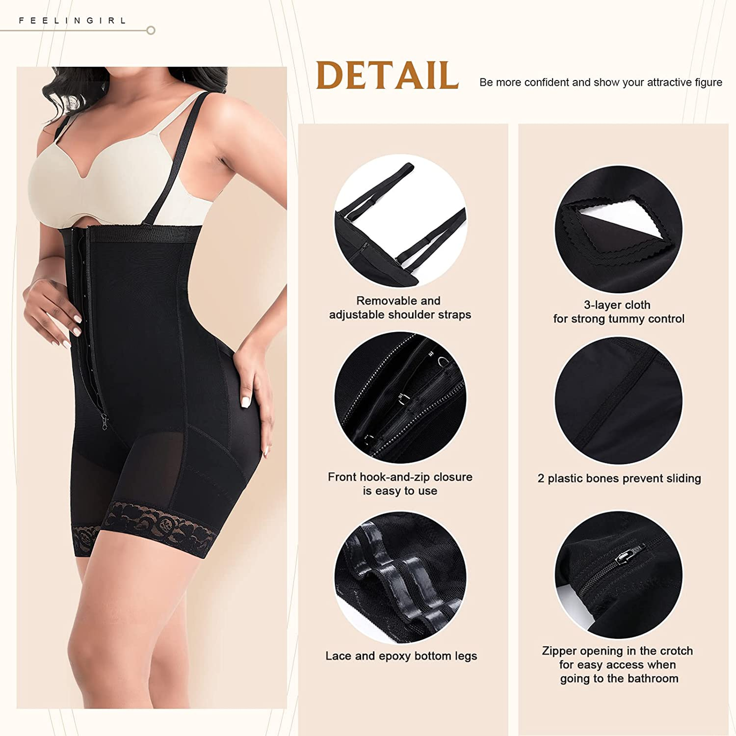 Feelingirl Shapewear for Women Seamless Firm Triple Control Faja plus Size Thigh Slimmer Tummy Control Body Shaper Apparel & Accessories > Clothing > Underwear & Socks > Shapewear FeelinGirl