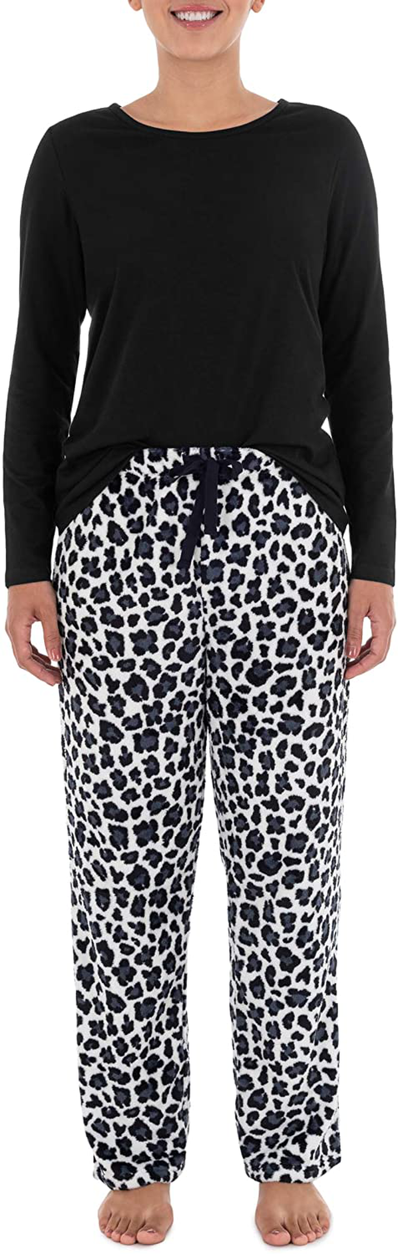 Fruit of the Loom Women's Sueded Jersey Crew Top and Fleece Pant Sleep Set Apparel & Accessories > Clothing > Sleepwear & Loungewear > Pajamas Fruit of the Loom Black/Cheetah Small