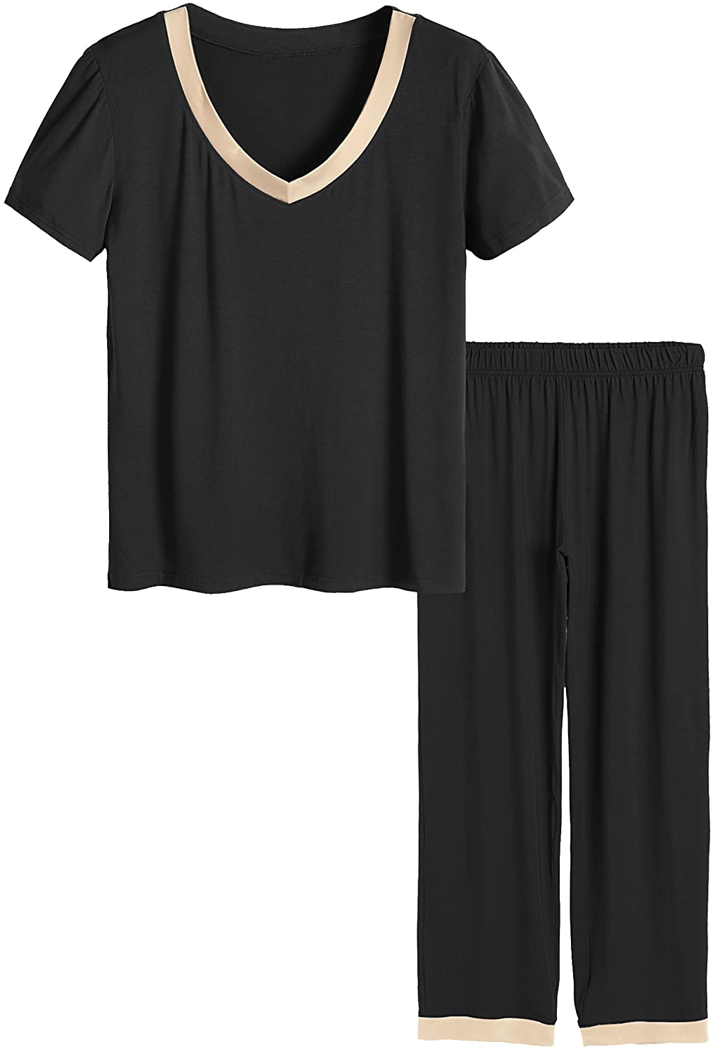 Latuza Women's V-neck Sleepwear Short Sleeves Top with Pants Pajama Set Apparel & Accessories > Clothing > Sleepwear & Loungewear > Pajamas Latuza Black Medium Petite