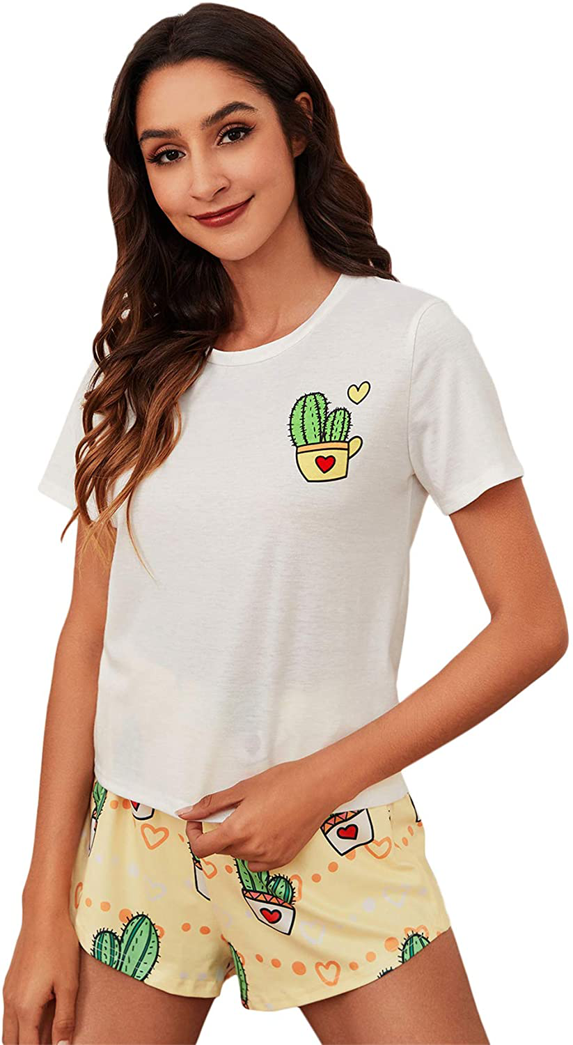 DIDK Women's Cute Cartoon Print Tee and Shorts Pajama Set Apparel & Accessories > Clothing > Sleepwear & Loungewear > Pajamas DIDK White Cactus Small
