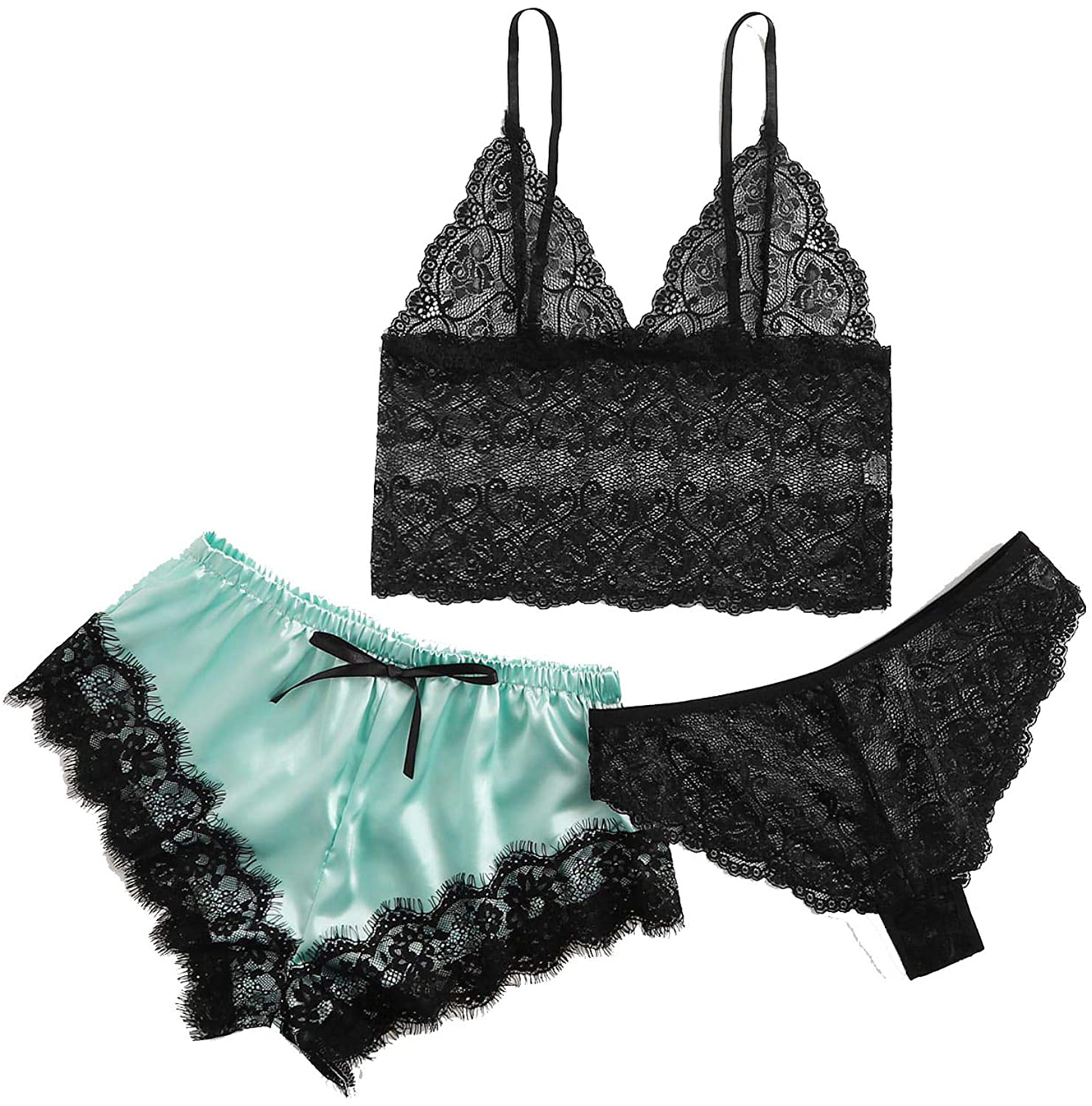 Sweatyrocks Women'S Lace Cami Top with Shorts with Panties 3 Piece Set Sexy Lingerie Pajama Set Sleepwear Apparel & Accessories > Clothing > Sleepwear & Loungewear Kylie Max