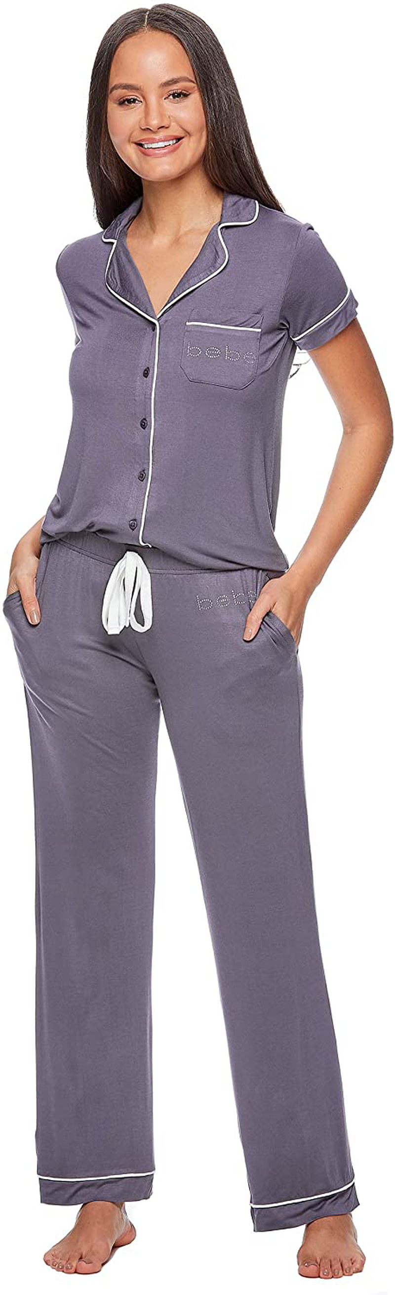 bebe Womens Button Down Short Sleeve Shirt and Pajama Pants Lounge Sleep Set Apparel & Accessories > Clothing > Sleepwear & Loungewear > Pajamas bebe Midnight-lavender Small