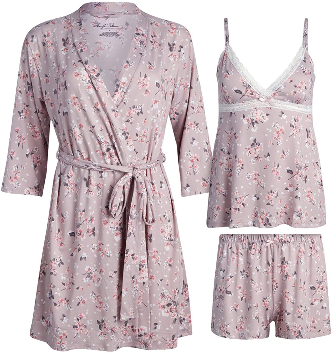 Marilyn Monroe Women's Pajama Set – 3 Piece Soft Robe, Cami, and Sleep Short Set Apparel & Accessories > Clothing > Sleepwear & Loungewear > Pajamas Marilyn Monroe Blushstone Bloom Large