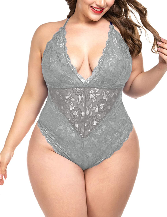 ELOVER Lingerie for Women Plus Size Lace Teddy Lingerie Bodysuit One Piece Babydoll Apparel & Accessories > Clothing > Underwear & Socks > Lingerie ELOVER Snap Crotch Bodysuit-grey Large