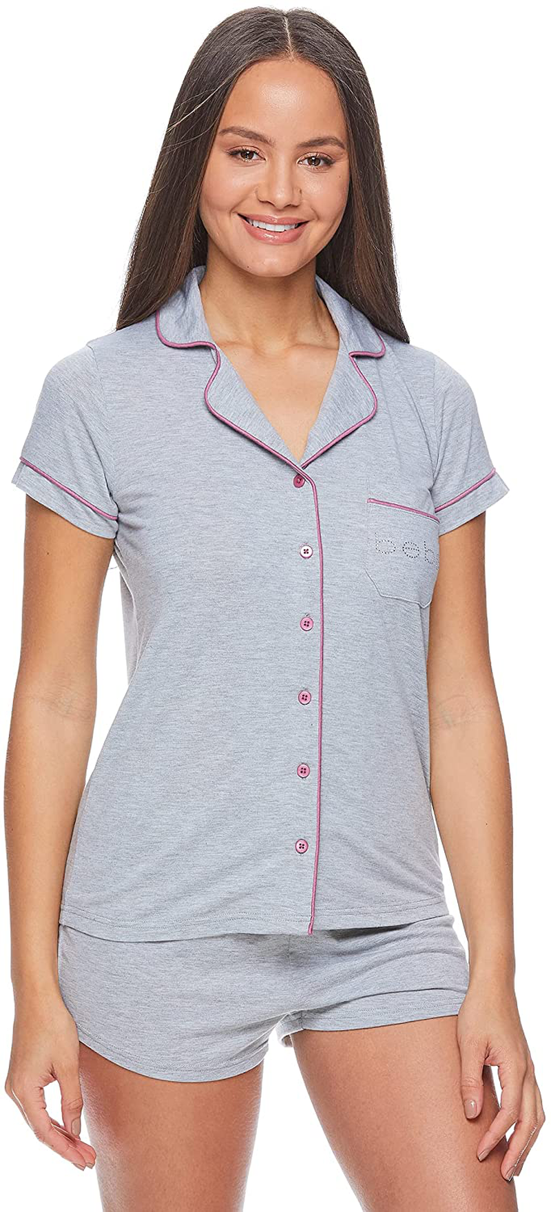 bebe Womens Pajama Sets Button Down Shirt and Shorts Sleepwear Lounge PJ Sets Apparel & Accessories > Clothing > Sleepwear & Loungewear > Pajamas bebe Heather/Grey Medium