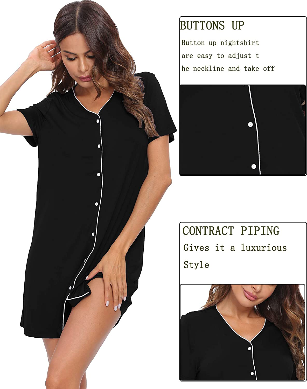 SWOMOG Women'S Button down Nightgown Short Sleeve Nightshirt V-Neck Sleepwear Boyfriend Sleepshirt Pajama Dress Apparel & Accessories > Clothing > Sleepwear & Loungewear > Nightgowns Kylie Max
