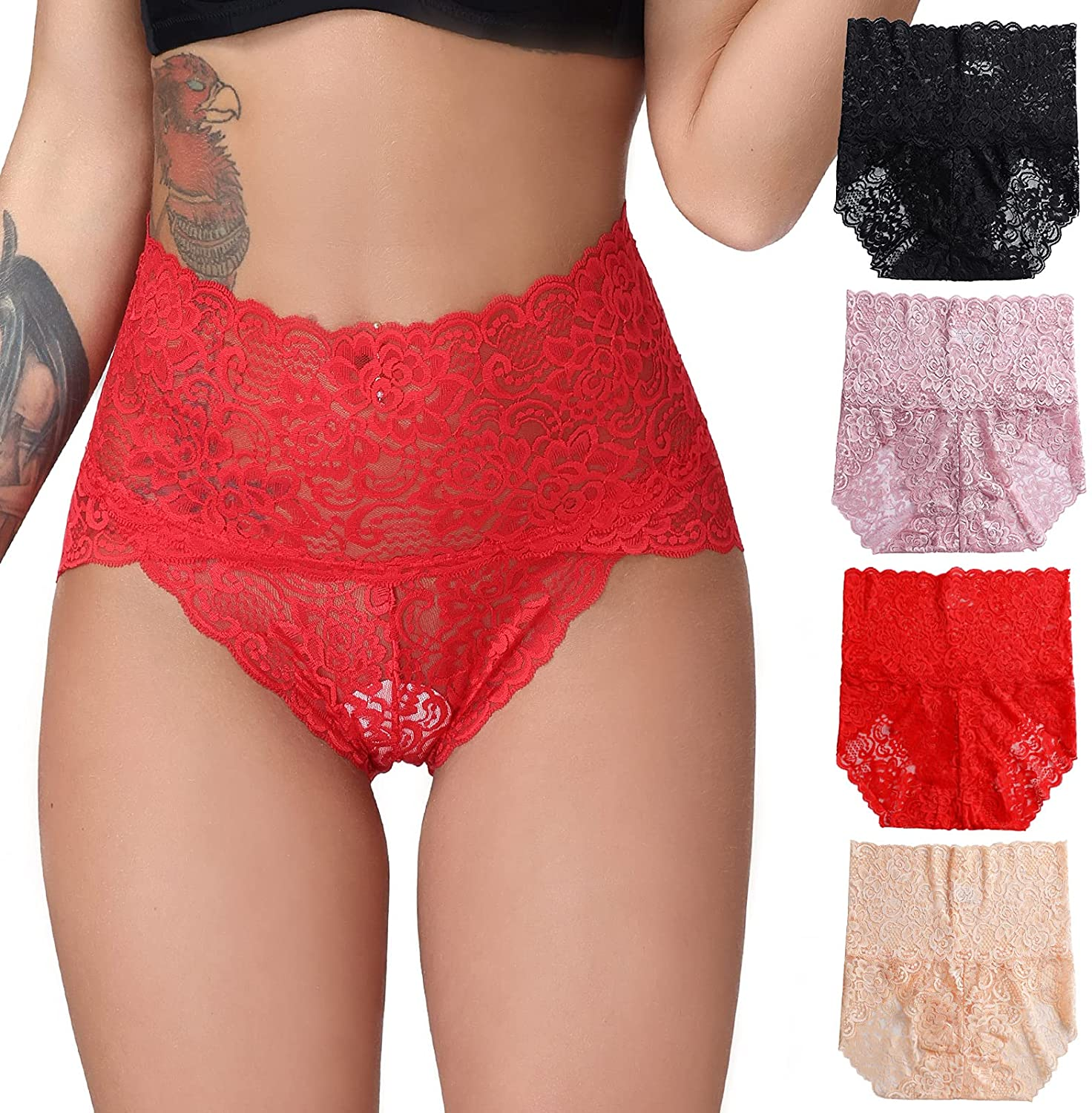 Talanes Women’S High Waisted Lace Underwear Sexy, Ladies Cheeky Lacy Panties Briefs , Soft Full Coverage Panty Multipack Apparel & Accessories > Clothing > Underwear & Socks > Underwear Talanes Black/Red Gray/Red/Skin 4X-Large