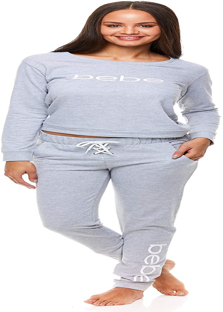 bebe Womens Cuffed Long Sleeve Shirt and Skinny Lounge Pajama Pants Sleep Set Apparel & Accessories > Clothing > Sleepwear & Loungewear > Pajamas bebe Heather Grey W/ Pockets 1X