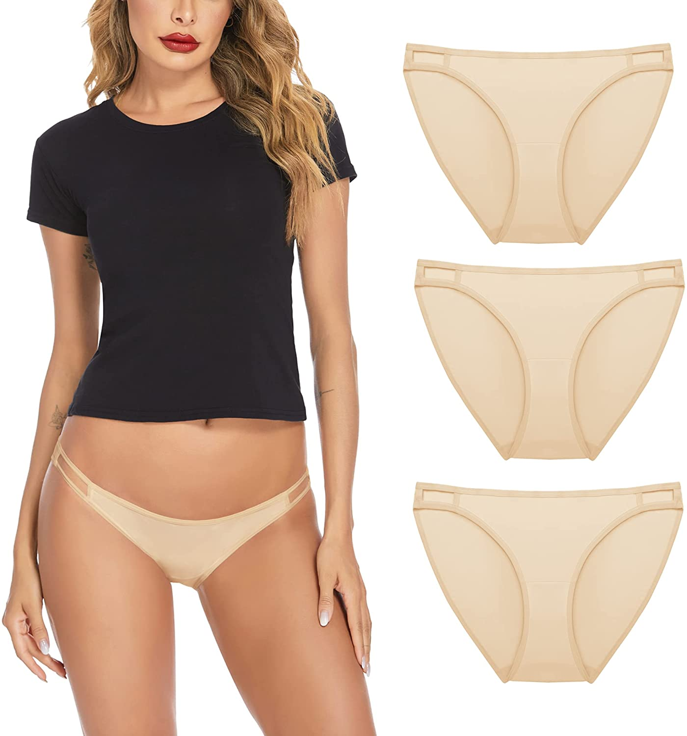 Ekouaer Sexy Ice Silk Bikini Underwear Panty Womens Seamless String Briefs Soft Stretch Breathable Invisible Panty 3 Pack Apparel & Accessories > Clothing > Underwear & Socks > Underwear Ekouaer 3 Pack-beige XX-Large