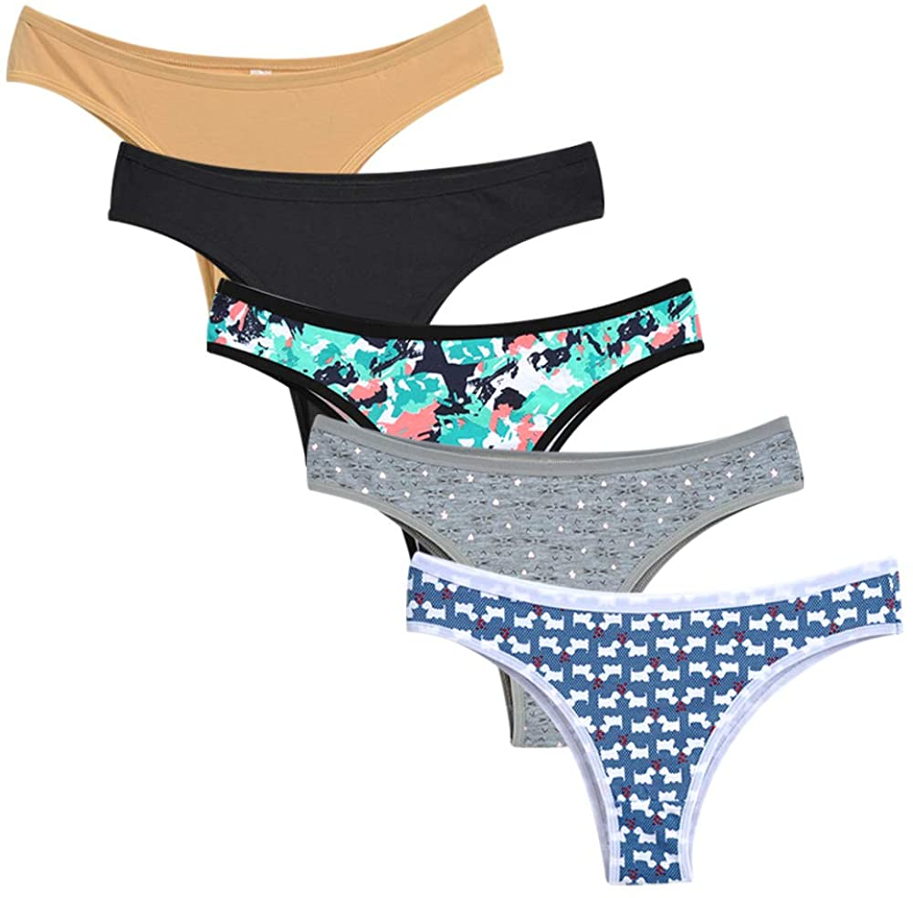 Nightaste Women'S 5-Pack Soft Cotton Tanga Panties Breathable Sport Half Back Coverage Bikini Thong Underwear Apparel & Accessories > Clothing > Underwear & Socks > Underwear Nightaste Black/Beige/3printed X-Large