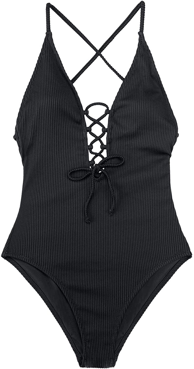 CUPSHE Women's Solid Color V Neck Lace Up One Piece Swimsuit Apparel & Accessories > Clothing > Swimwear CUPSHE