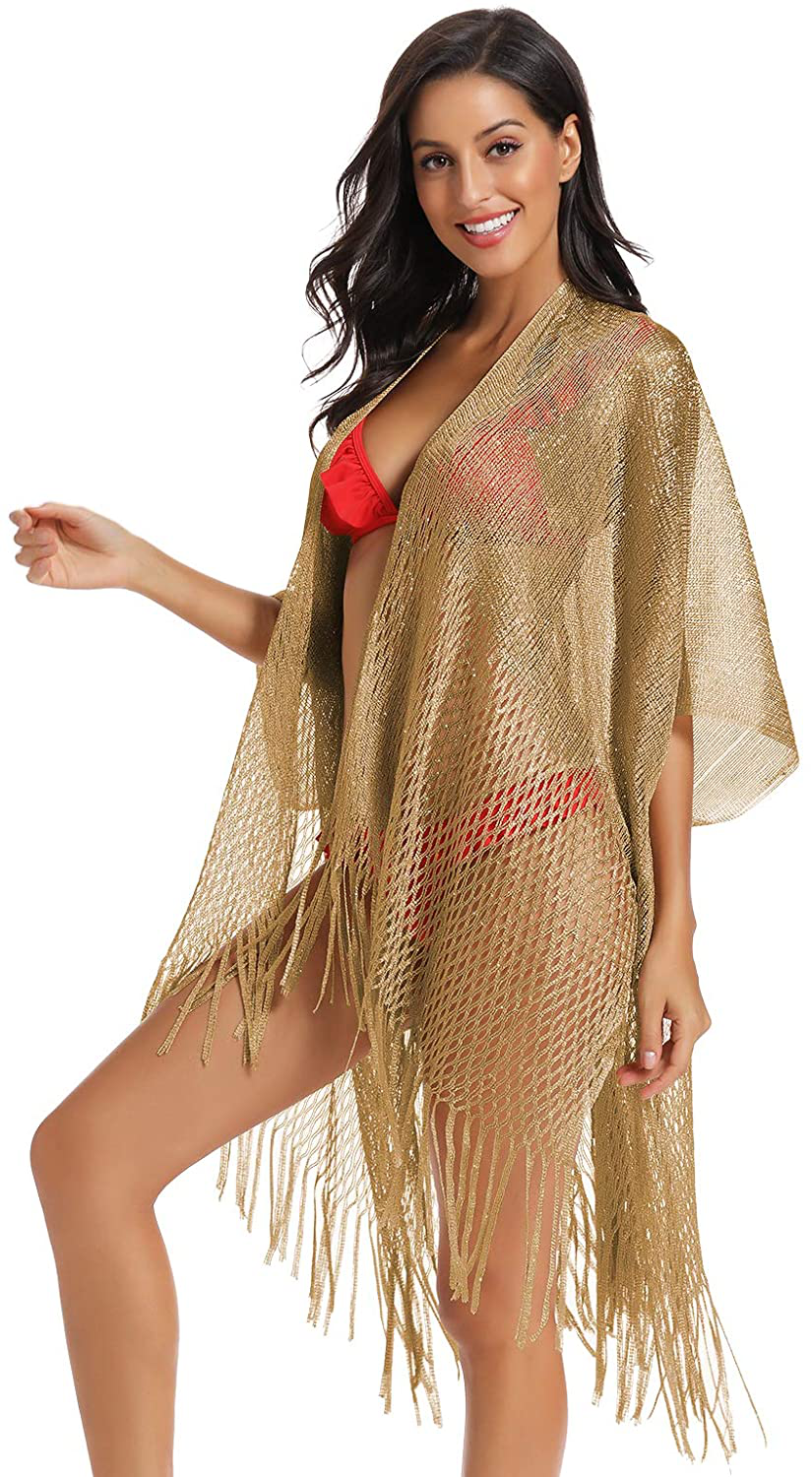 Metallic Sparkly Kimono Cardigan Swimsuit Beach Bikini Cover Ups Open Front Casual Blouse Tops Apparel & Accessories > Clothing > Swimwear Kylie Max