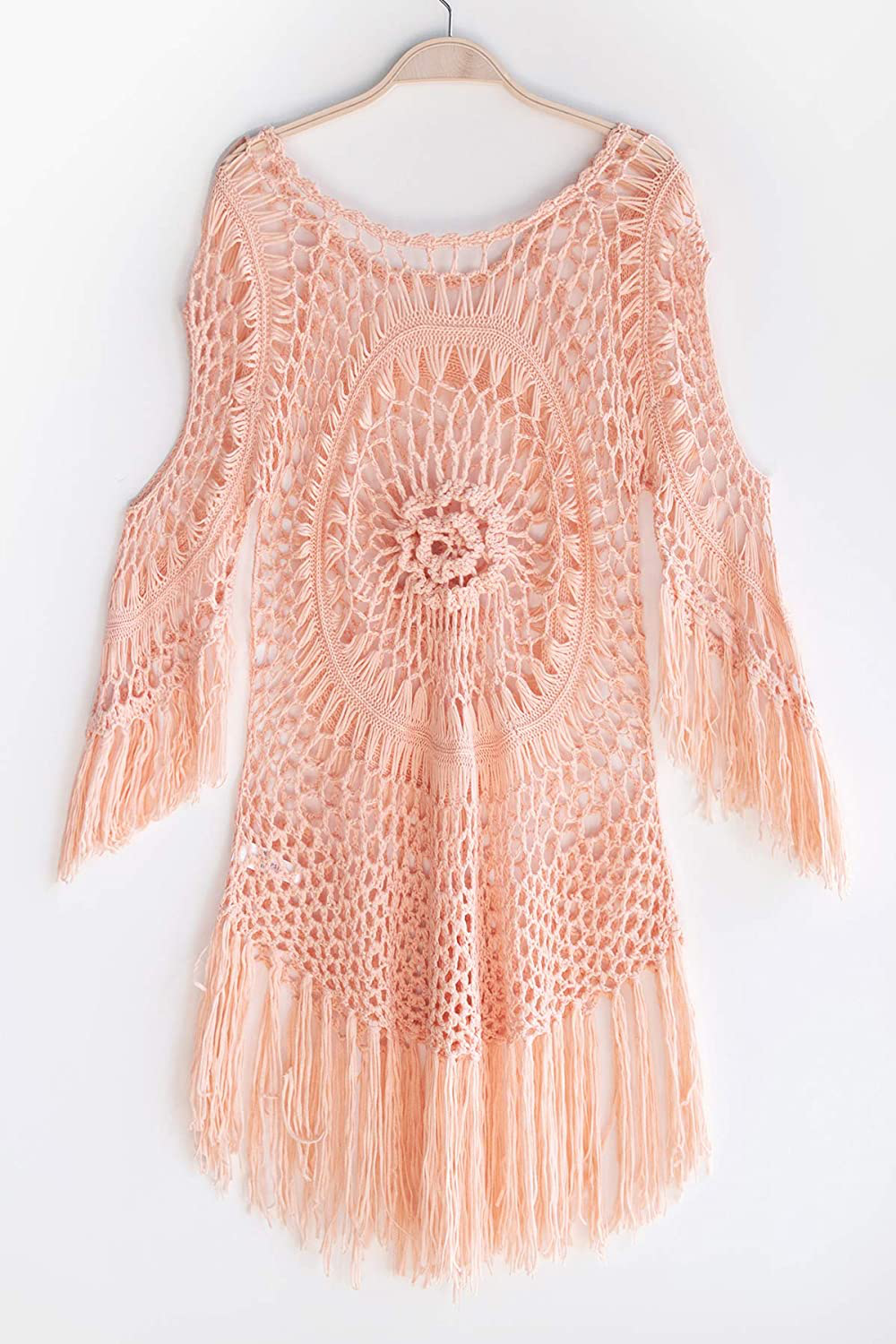 CUPSHE Women'S Cover up White Crochet Hollow Out Tassel Swimsuit Three Quarter Sleeve Apparel & Accessories > Clothing > Swimwear Kylie Max