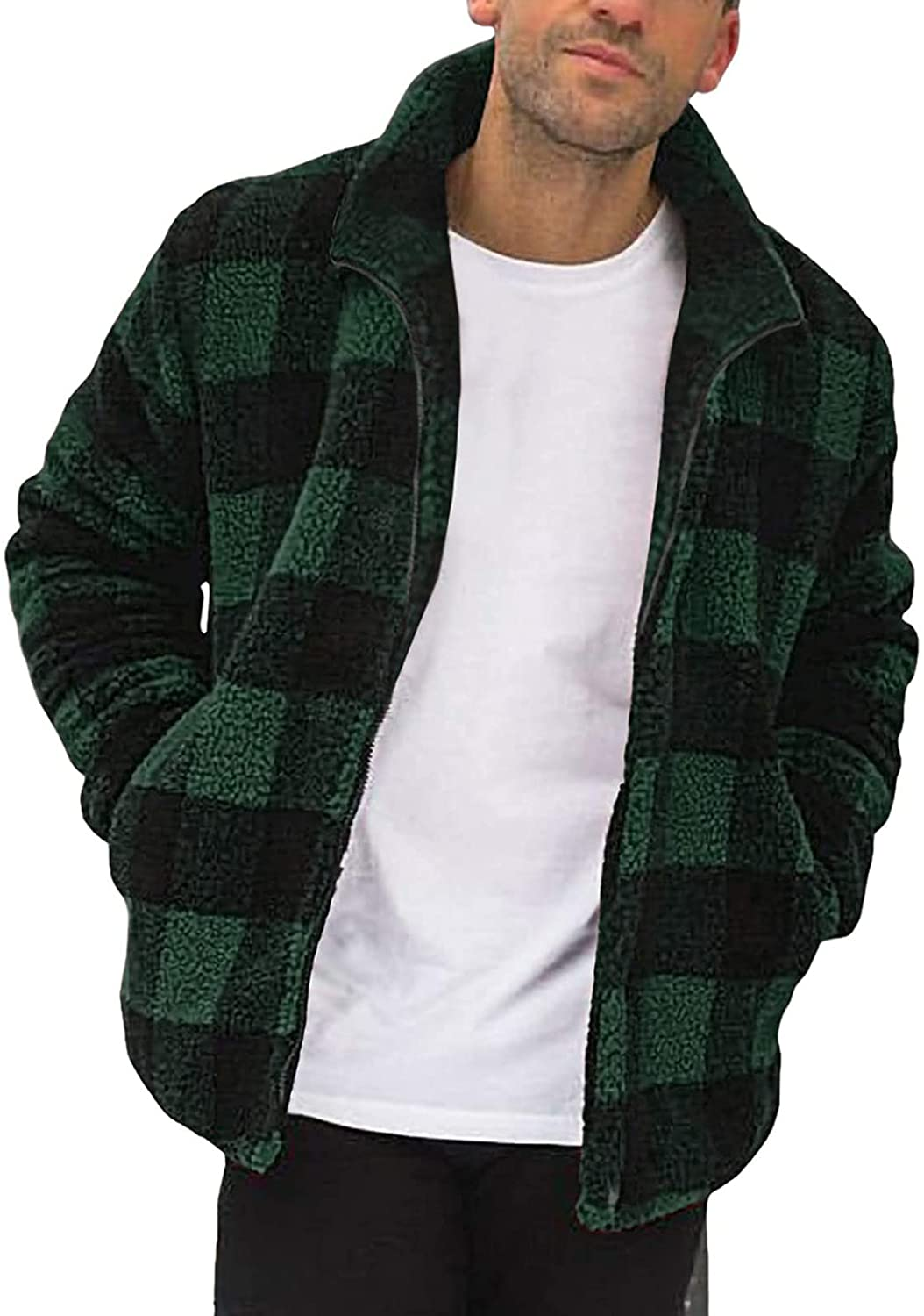 Merthy Mens Fuzzy Sherpa Fleece Jacket Casual Long Sleeve Stand Collar Furry Faux Woolen Cardigan Coat Zipper Teddy Coats Apparel & Accessories > Clothing > Underwear & Socks > Shapewear Merthy
