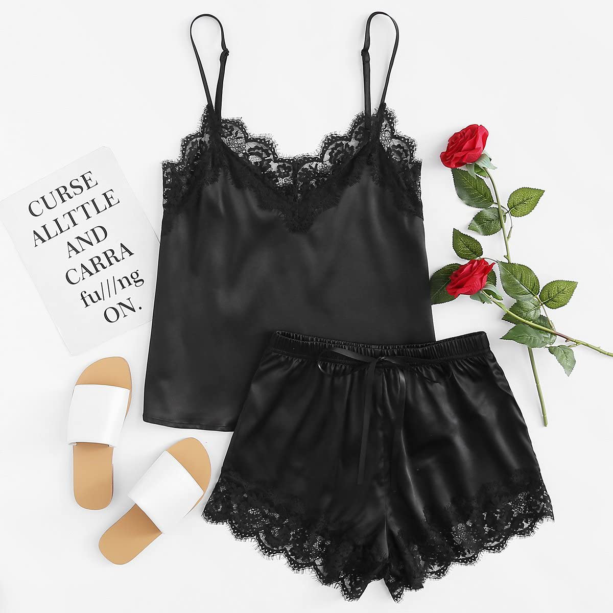Makemechic Women'S Lace Satin Sleepwear Cami Top and Shorts Pajama Set Apparel & Accessories > Clothing > Sleepwear & Loungewear Kylie Max