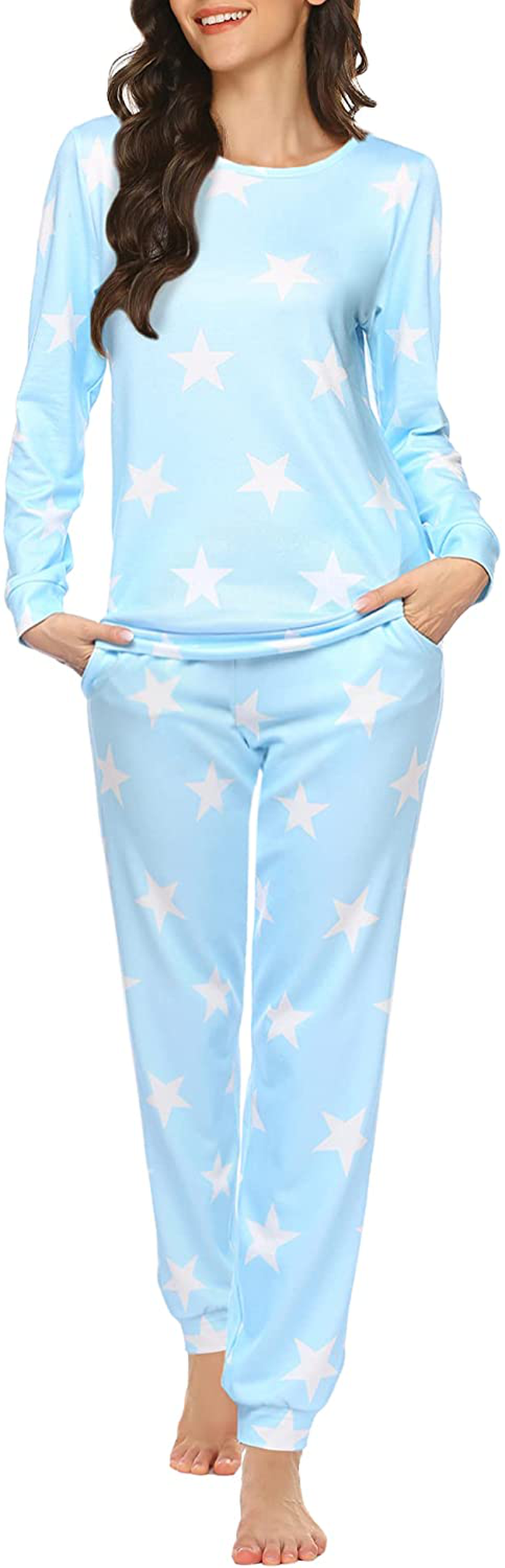 Ekouaer Womens Pajama Set Long Sleeve Sleepwear Star Print Nightwear Soft Pjs Lounge Sets with Pockets Apparel & Accessories > Clothing > Sleepwear & Loungewear > Pajamas Ekouaer A-sky Blue White Star Large