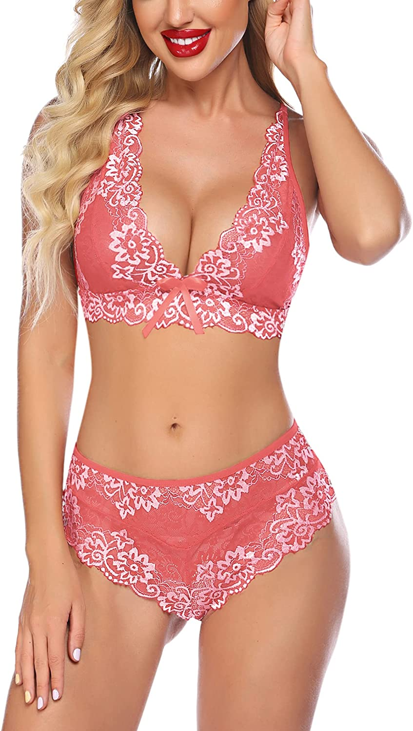 Avidlove Lingerie for Women Sexy Bra and Panty Set 2 Piece Outfits Lace Babydoll Bodysuit Apparel & Accessories > Clothing > Underwear & Socks > Lingerie Avidlove Pink X-Large