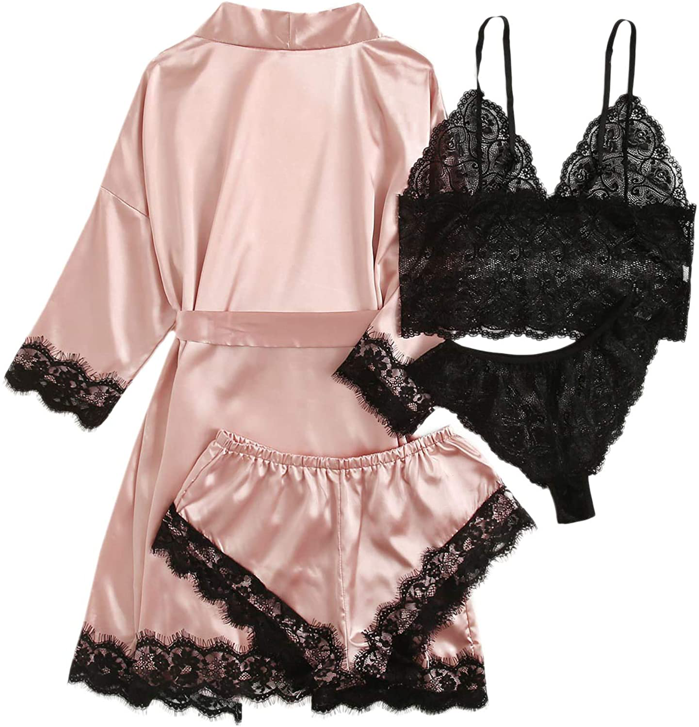 SOLY HUX Women'S Sleepwear 4Pcs Floral Lace Trim Satin Cami Pajama Set with Robe Apparel & Accessories > Clothing > Sleepwear & Loungewear Kylie Max
