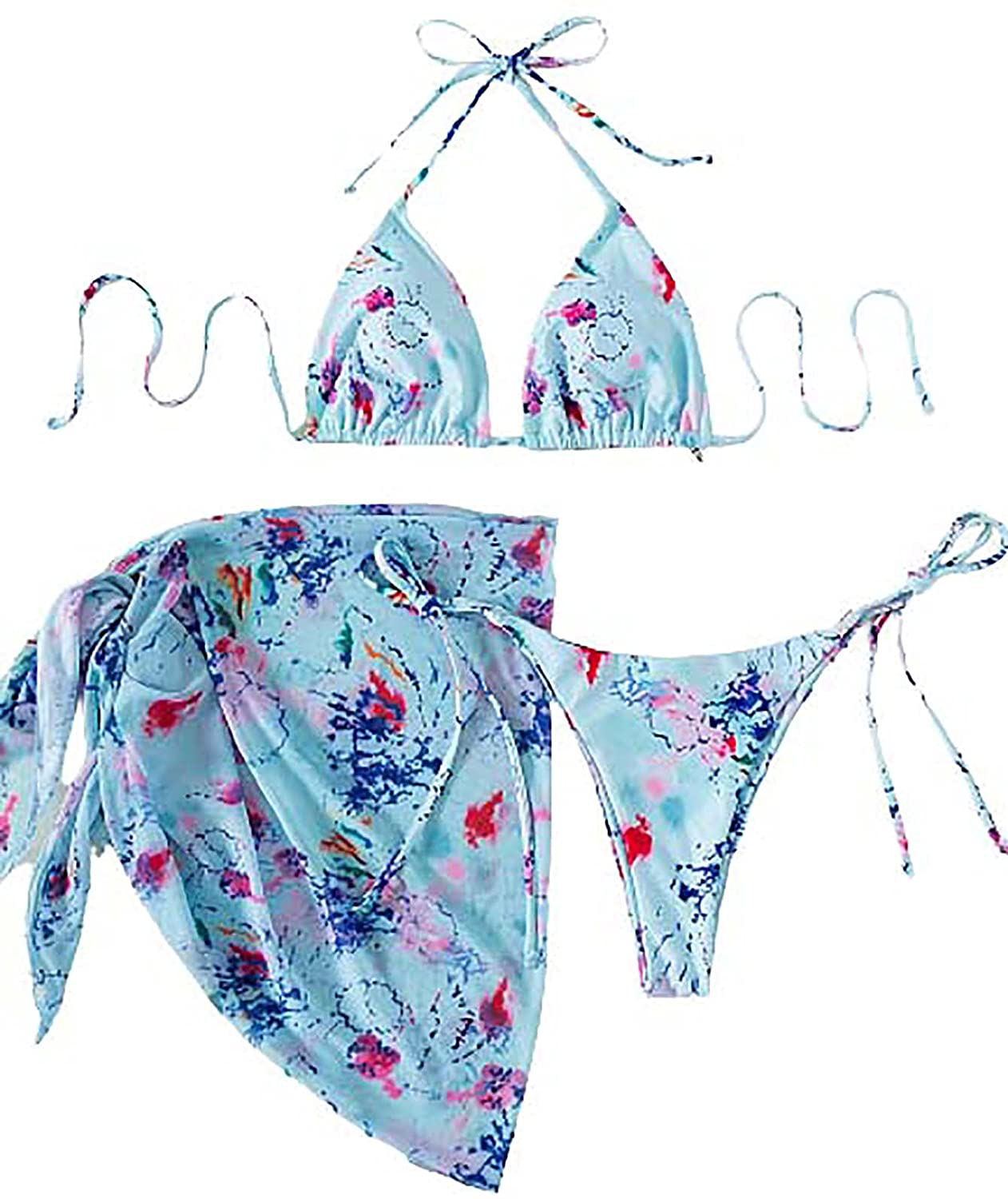 SOLY HUX Women's Wrap Triangle Bikini Bathing Suits with Mesh Beach Skirt 3 Piece Swimsuits Apparel & Accessories > Clothing > Swimwear KYLIE MAX Allover Floral Small