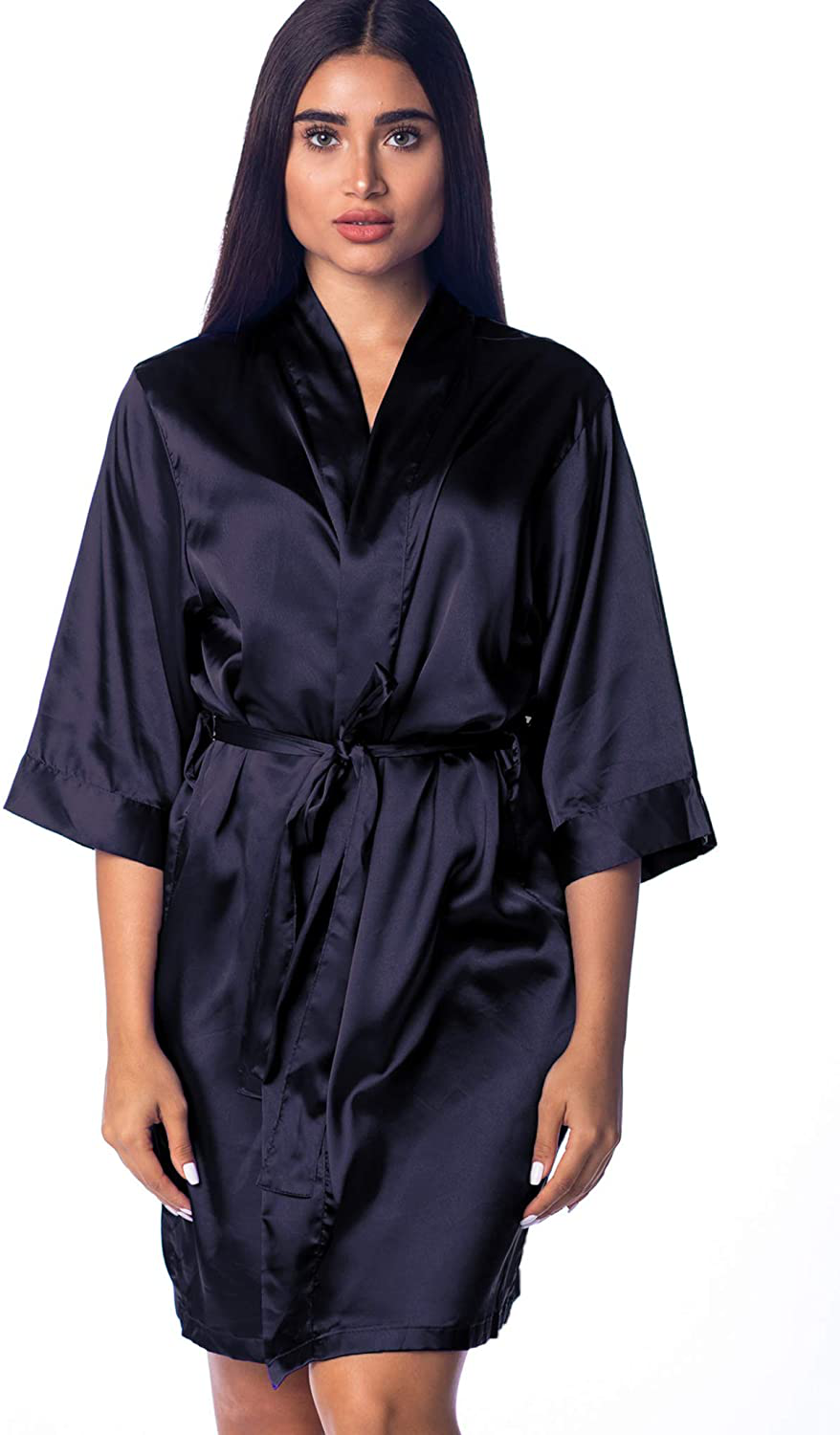 Pretty Robes Silk Satin Robes for Women Short Kimono Robe for Brides and Bridesmaids Wedding and Bridal Party Loungewear Apparel & Accessories > Clothing > Sleepwear & Loungewear > Robes Pretty Robes Black Small-Medium
