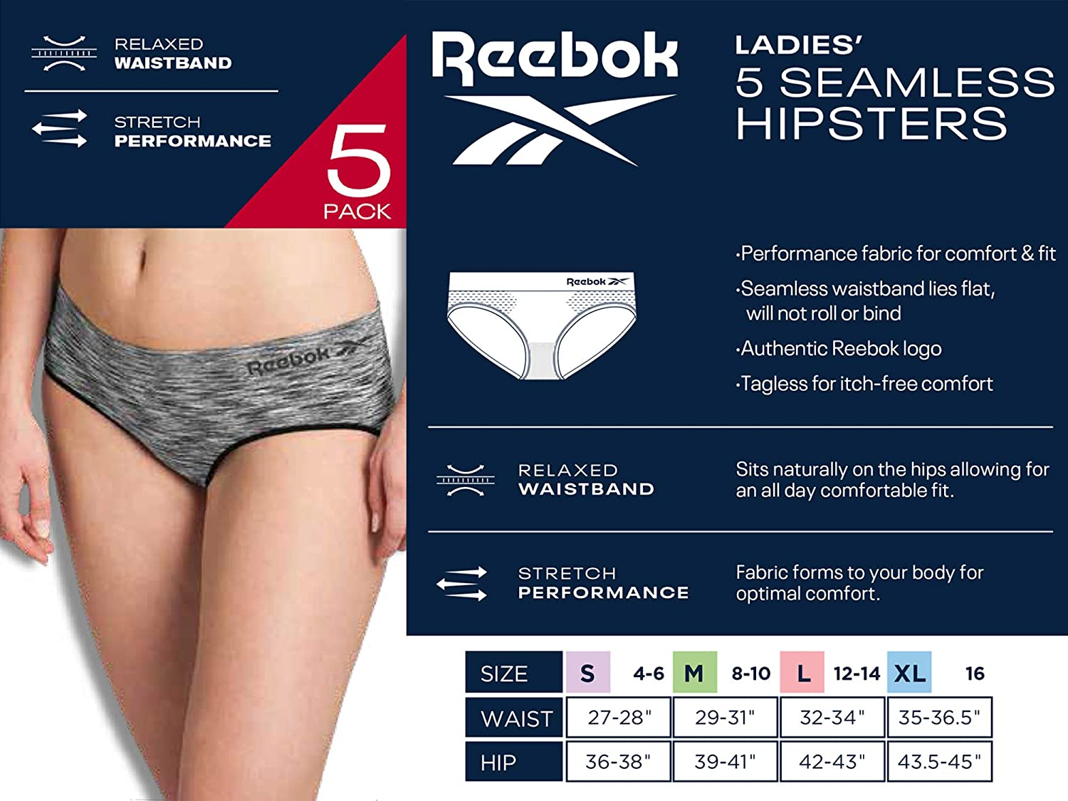 Reebok Women'S Underwear - Seamless Hipster Briefs (5 Pack) Apparel & Accessories > Clothing > Underwear & Socks > Underwear Reebok