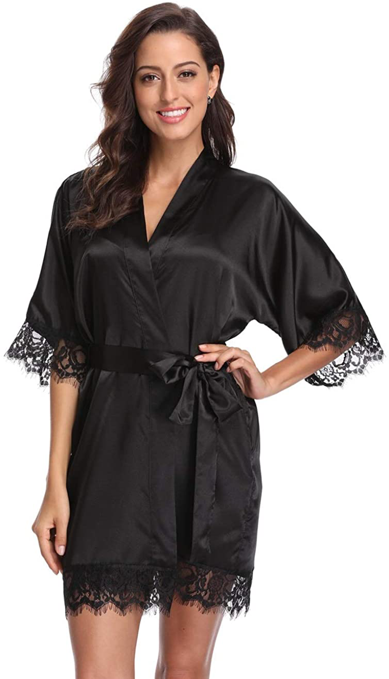 Original Kimono Women'S Lace-Trimmed Satin Short Kimono Robe Bathrobe Loungewear Apparel & Accessories > Clothing > Sleepwear & Loungewear > Robes Original Kimono