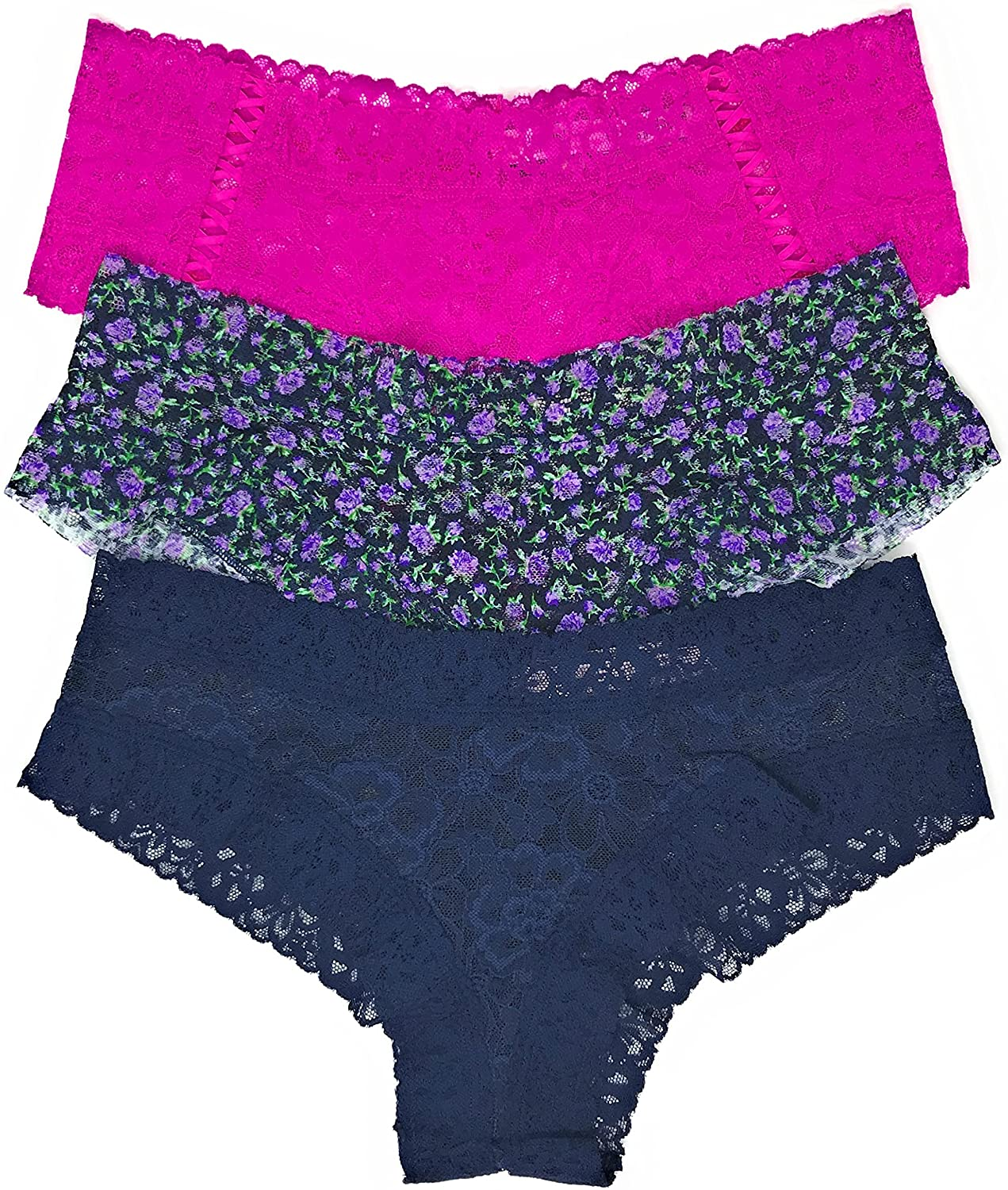 Victoria'S Secret the Lacie Cheeky Panty Set of 3 Apparel & Accessories > Clothing > Underwear & Socks > Underwear Victoria's Secret Fuschia / Purple Mini Floral / Navy Medium