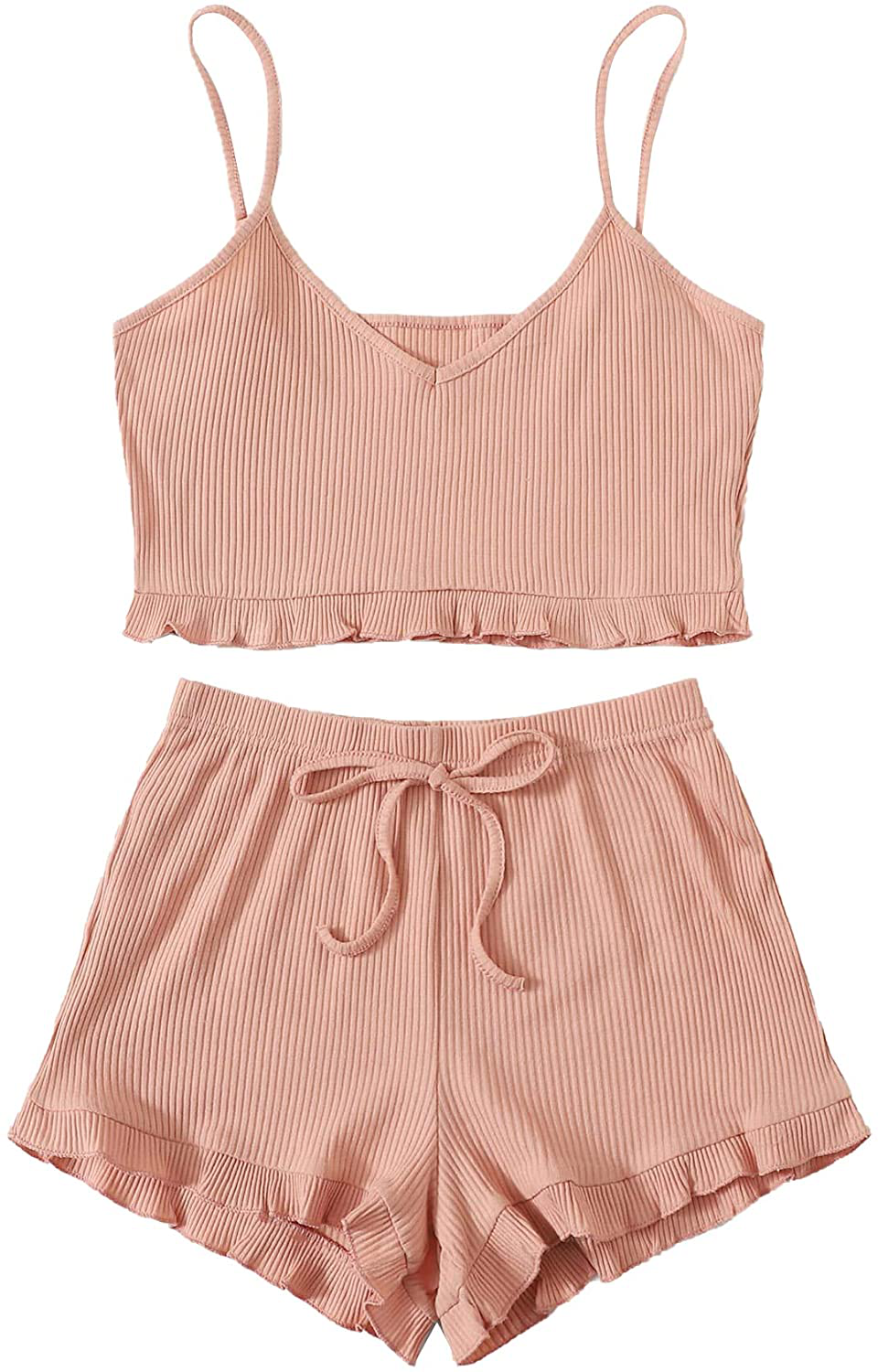 Shein Women'S 2 Pieces Sleeveless V Neck Crop Top Frill Trim Shorts Pajama Sets Apparel & Accessories > Clothing > Sleepwear & Loungewear Kylie Max