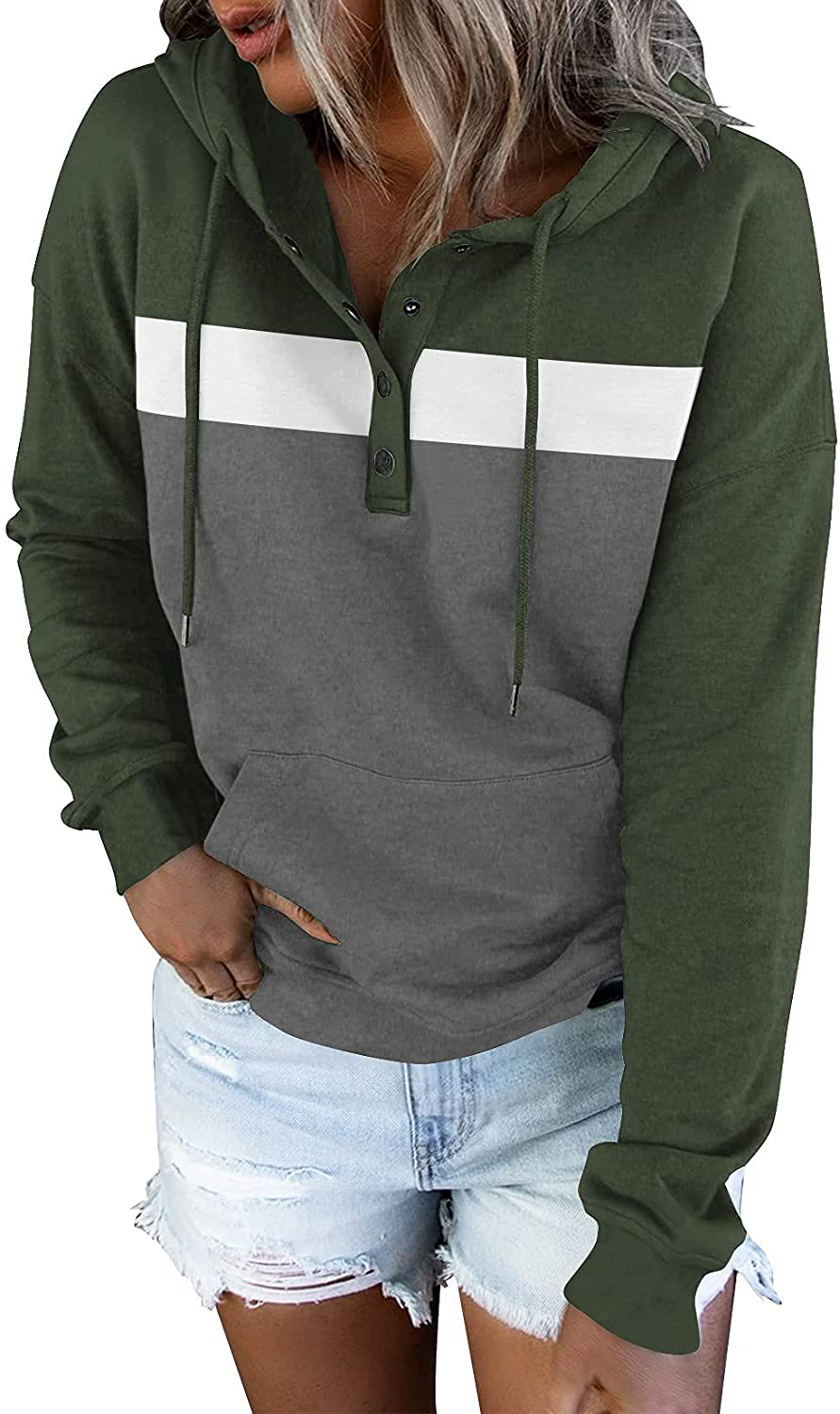 Women'S Casual Color Block Hoodies Long Sleeve Tops Button down Drawstring Pullover Sweatshirts with Pocket Apparel & Accessories > Clothing > Activewear Kylie Max